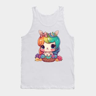 Kawaii Easter Bunny Girl In Basket With Spring Rainbow Flowers Tank Top